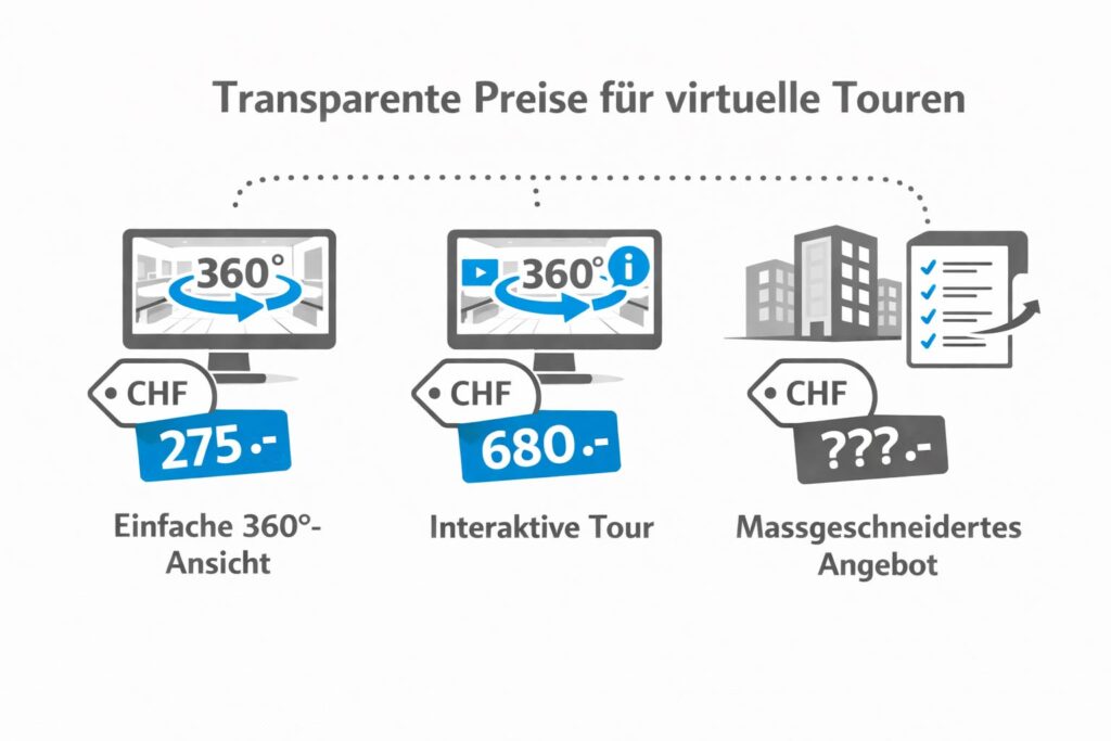 Erfahren Sie, welche Kosten für einen virtuellen 360° Rundgang entstehen. Einstieg ab CHF 275, interaktive Touren ab CHF 680, Google Maps Veröffentlichung ohne Folgekosten.