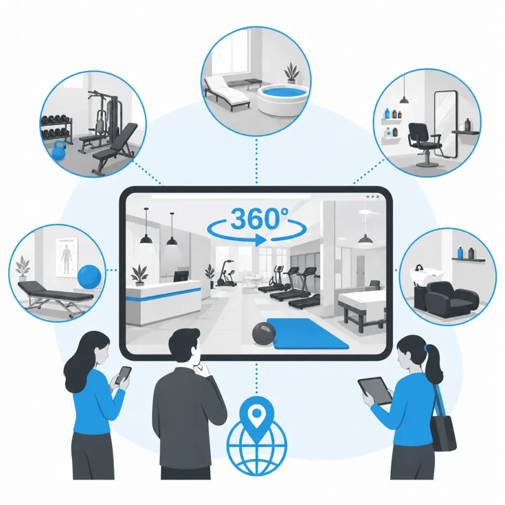 Dutzende Fitnesscenter, Physiotherapie-Praxen, Wellnessbetriebe, Kosmetikstudios und Coiffeursalons in der Schweiz setzen bereits auf interaktive virtuelle 360-Grad-Rundgänge von uns.