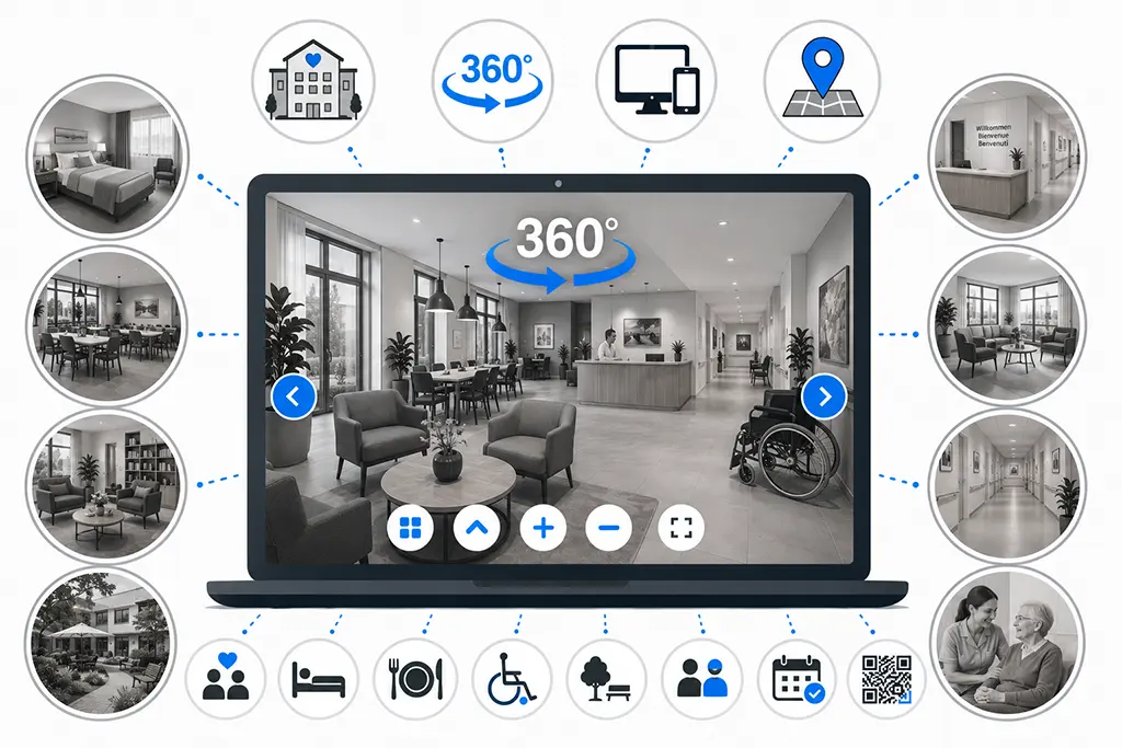 360 Grad Rundgänge machen Altersheime, Pflegeheime, Seniorenresidenzen und Pflegezentren online sichtbar.