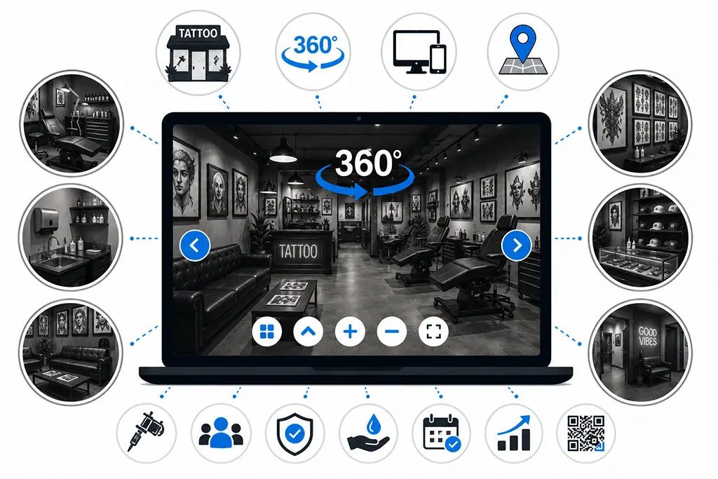 360 Grad Rundgänge machen Studio, Arbeitsplätze, Hygienezonen und Atmosphäre online sichtbar.