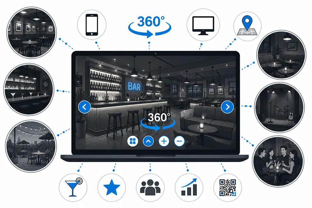 360 Grad Rundgänge machen Atmosphäre, Einrichtung und Barambiente online sichtbar.