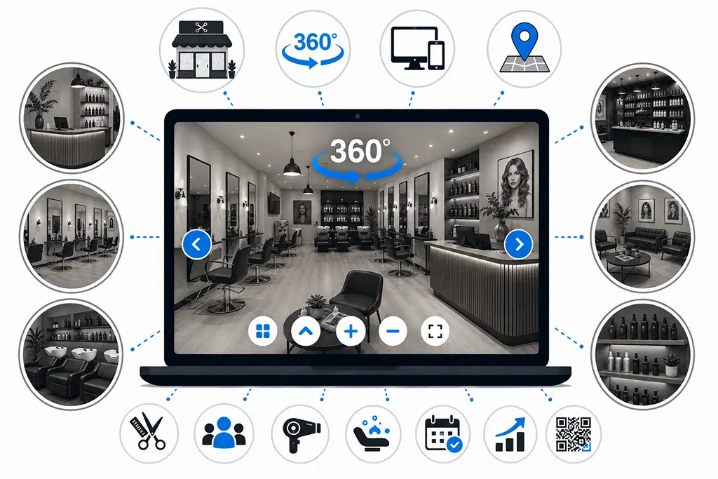 360 Grad Rundgänge machen Empfang, Stylingplätze, Waschbereich und Salonambiente online sichtbar.