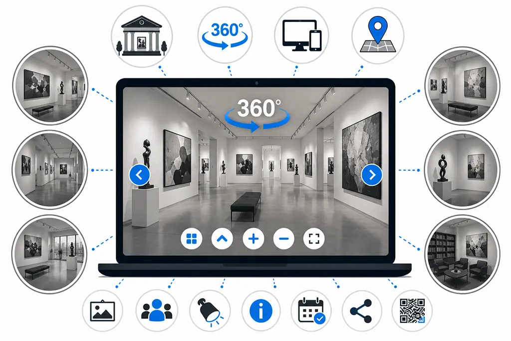 360 Grad Rundgänge machen Kunstwerke, Räume, Lichtführung und Ausstellungskonzept online sichtbar.