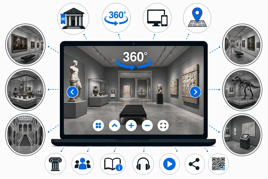 360 Grad Rundgänge machen Ausstellungen, Exponate und Museumsräume online erlebbar.